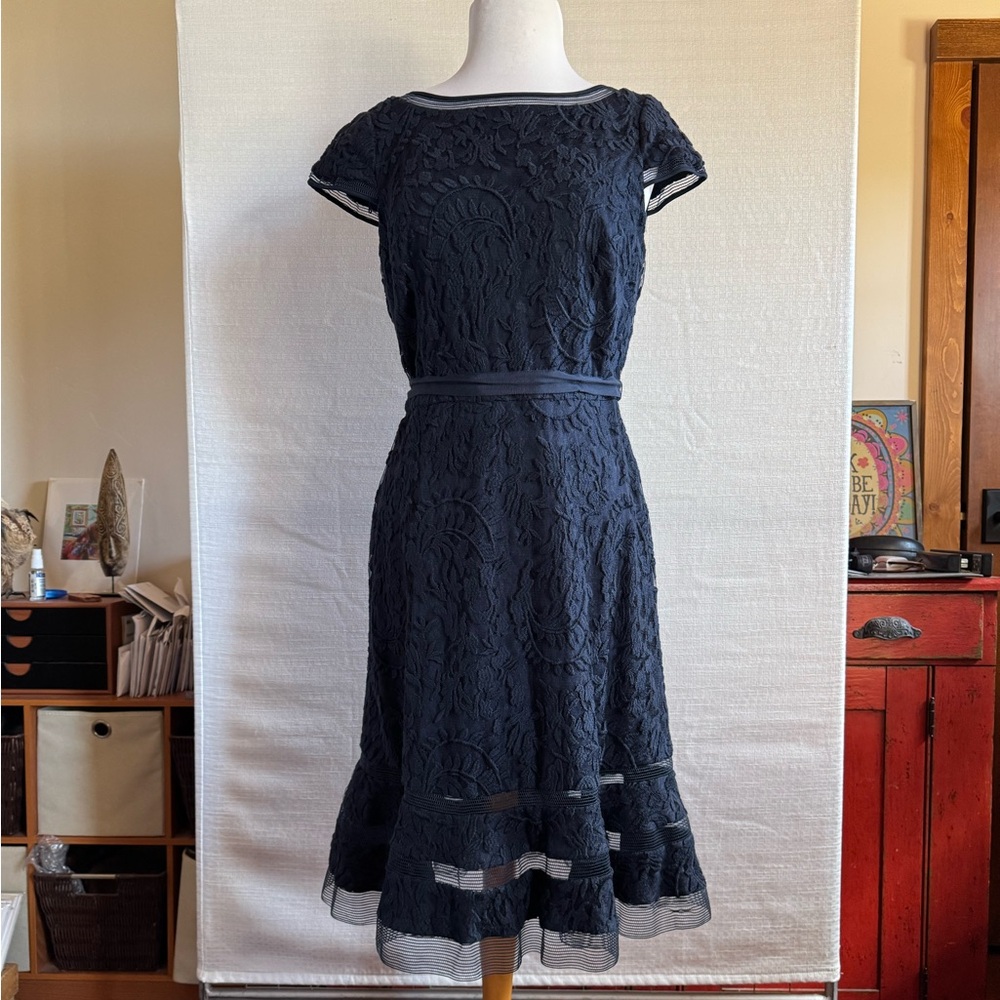 Adrianna Papell Navy Lace Midi Fit-and-Flare Dress